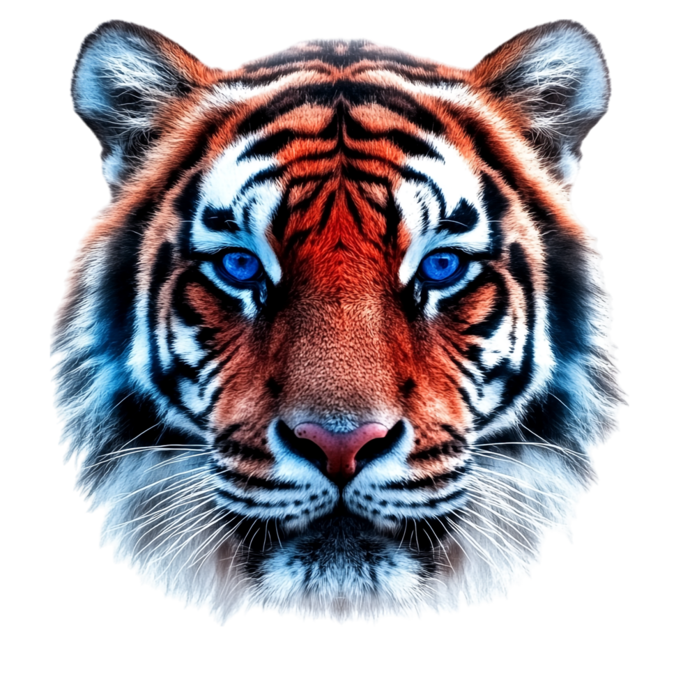 A tiger face with red and blue stripes png