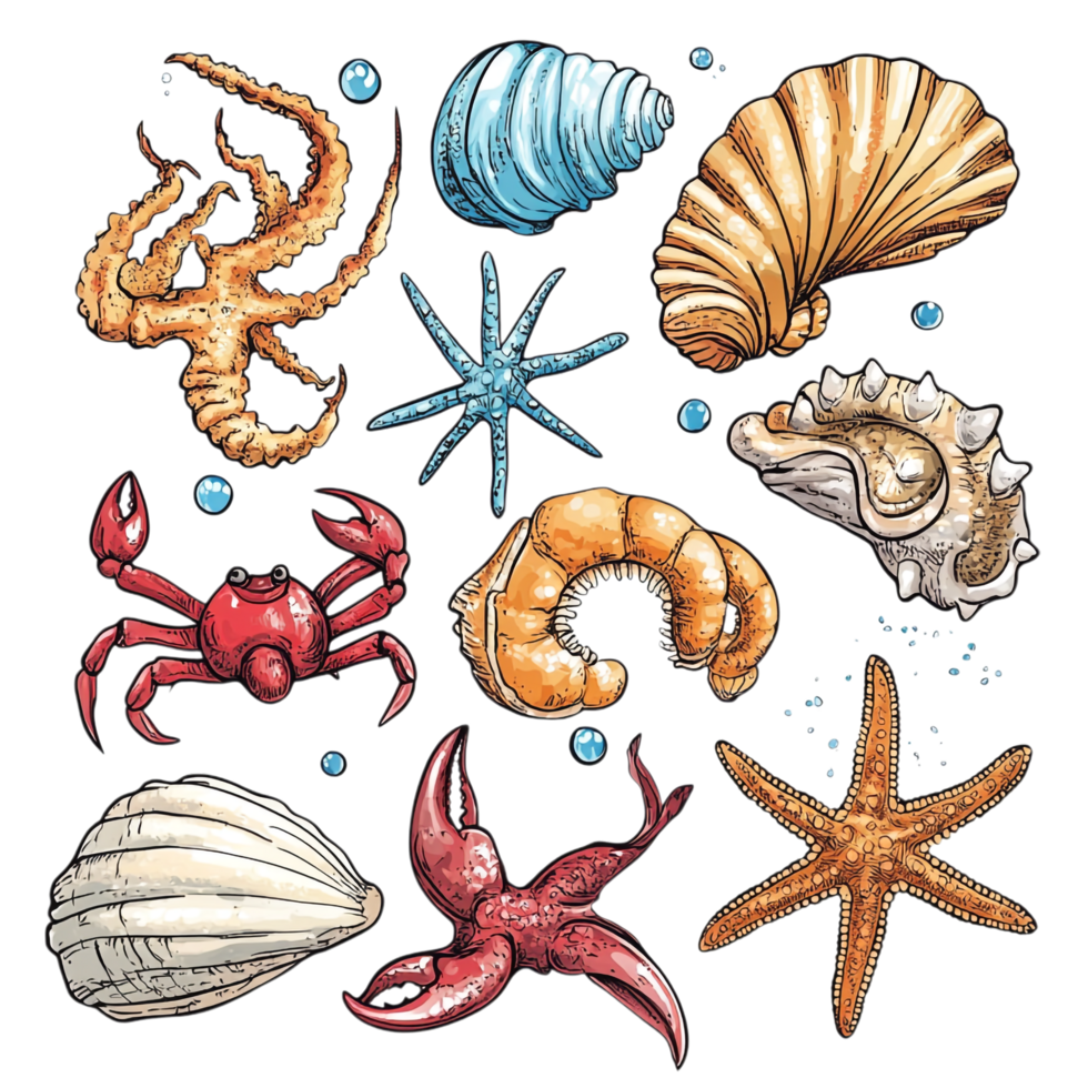 Hand drawn starfish shells crabs and a seahorse on a transparent background png