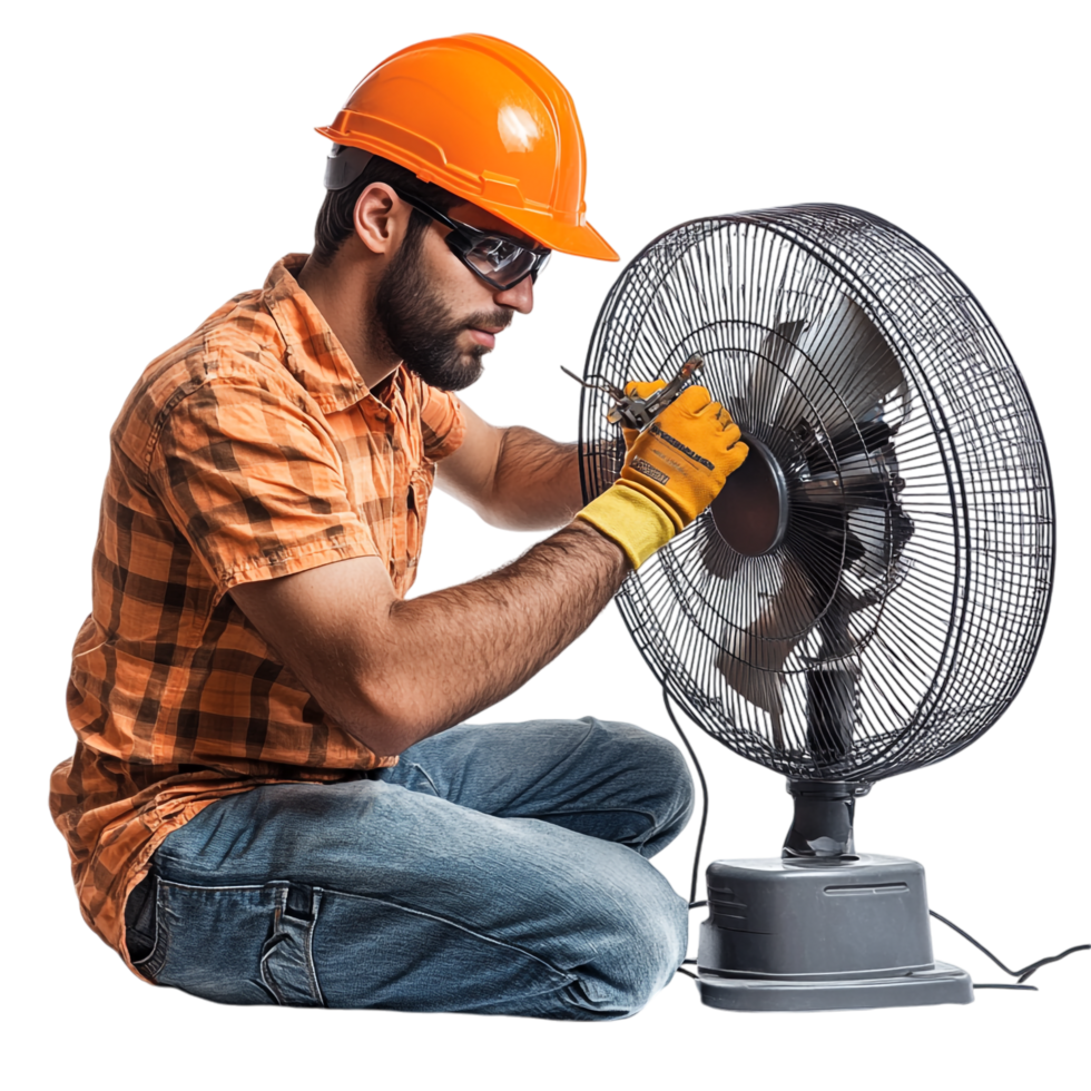 A man repairing a fan against a transparent background png