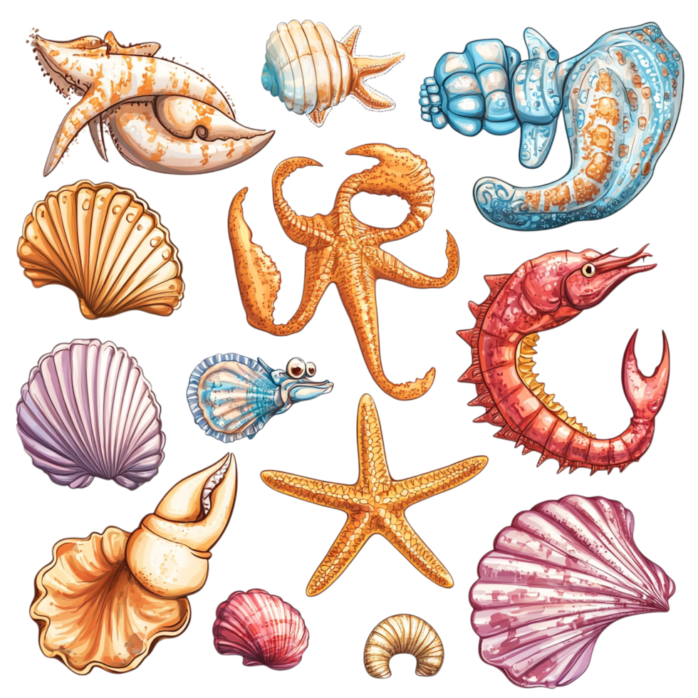 Hand drawn starfish shells crabs and a seahorse on a transparent background png