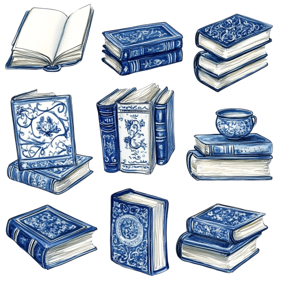 Hand drawn collection of assorted books with blue covers on a transparent background png