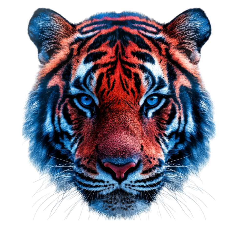 A tiger face with red and blue stripes png