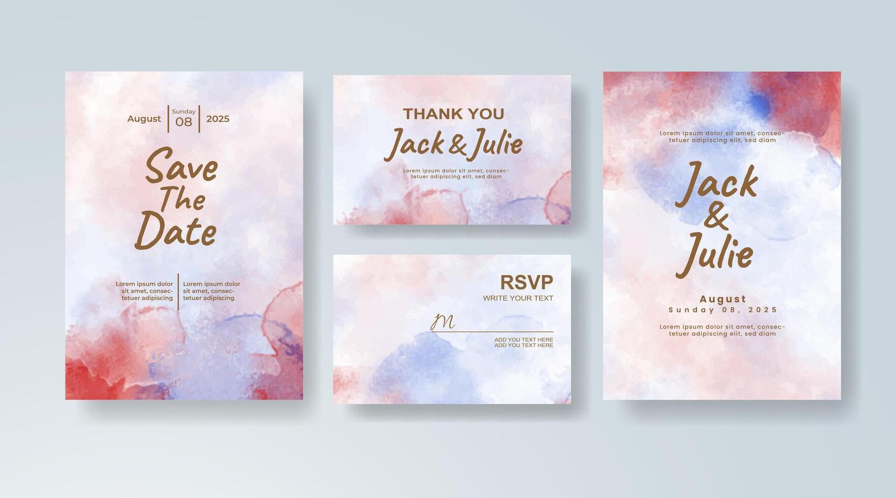 Modern watercolor wedding invitation card in coral, featuring floral accents with watercolor fade. vector