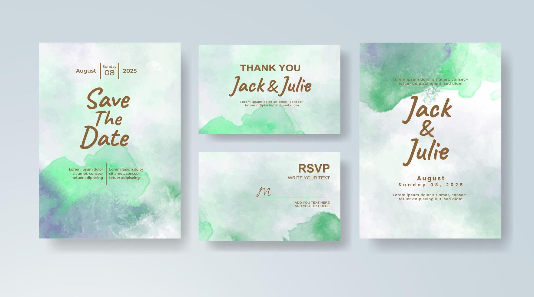 Elegant watercolor wedding invitation card in golden yellow, featuring hand-painted illustrations set on handmade paper. vector