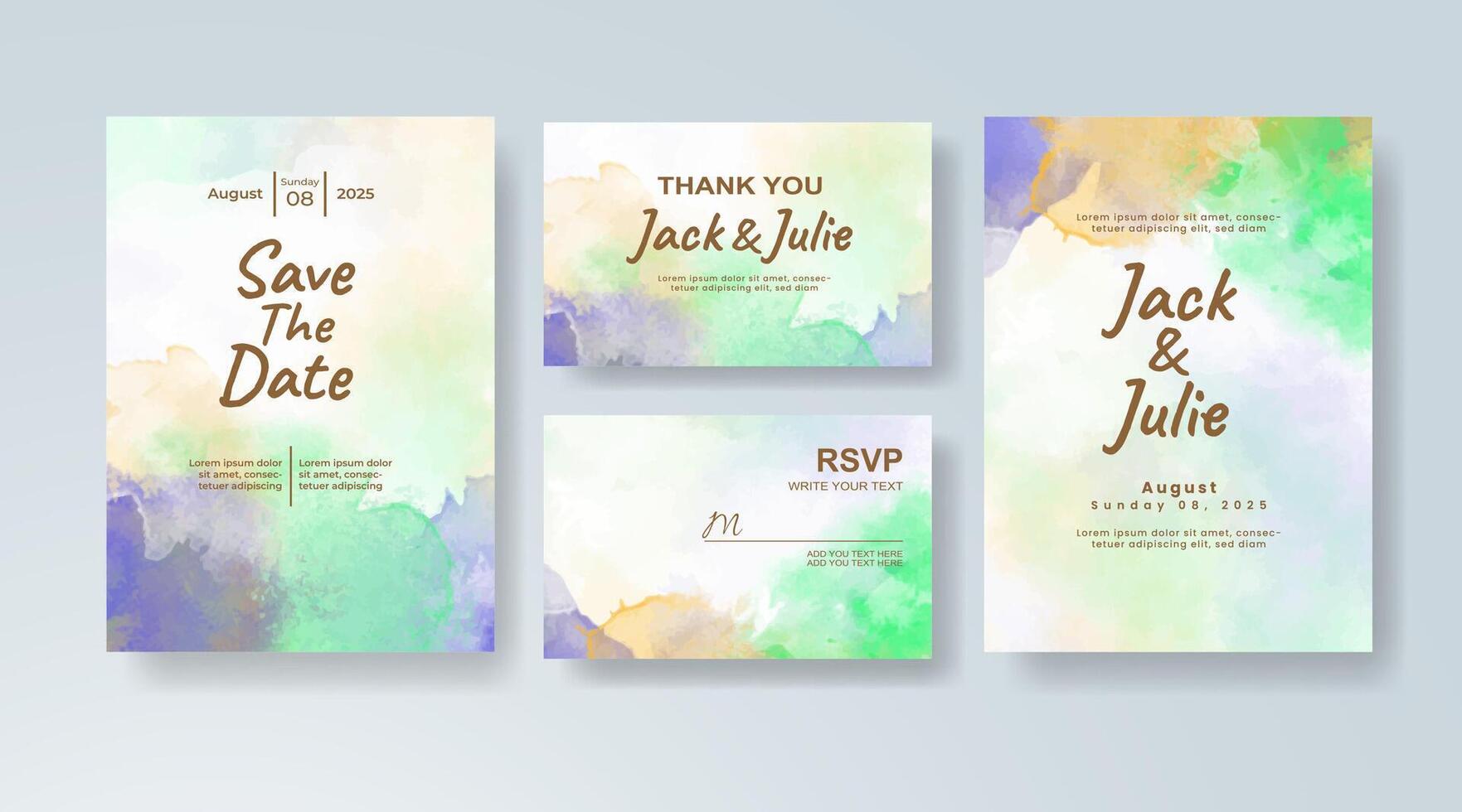 Boho watercolor wedding invitation card in golden yellow, featuring botanical designs against pastel tones. vector
