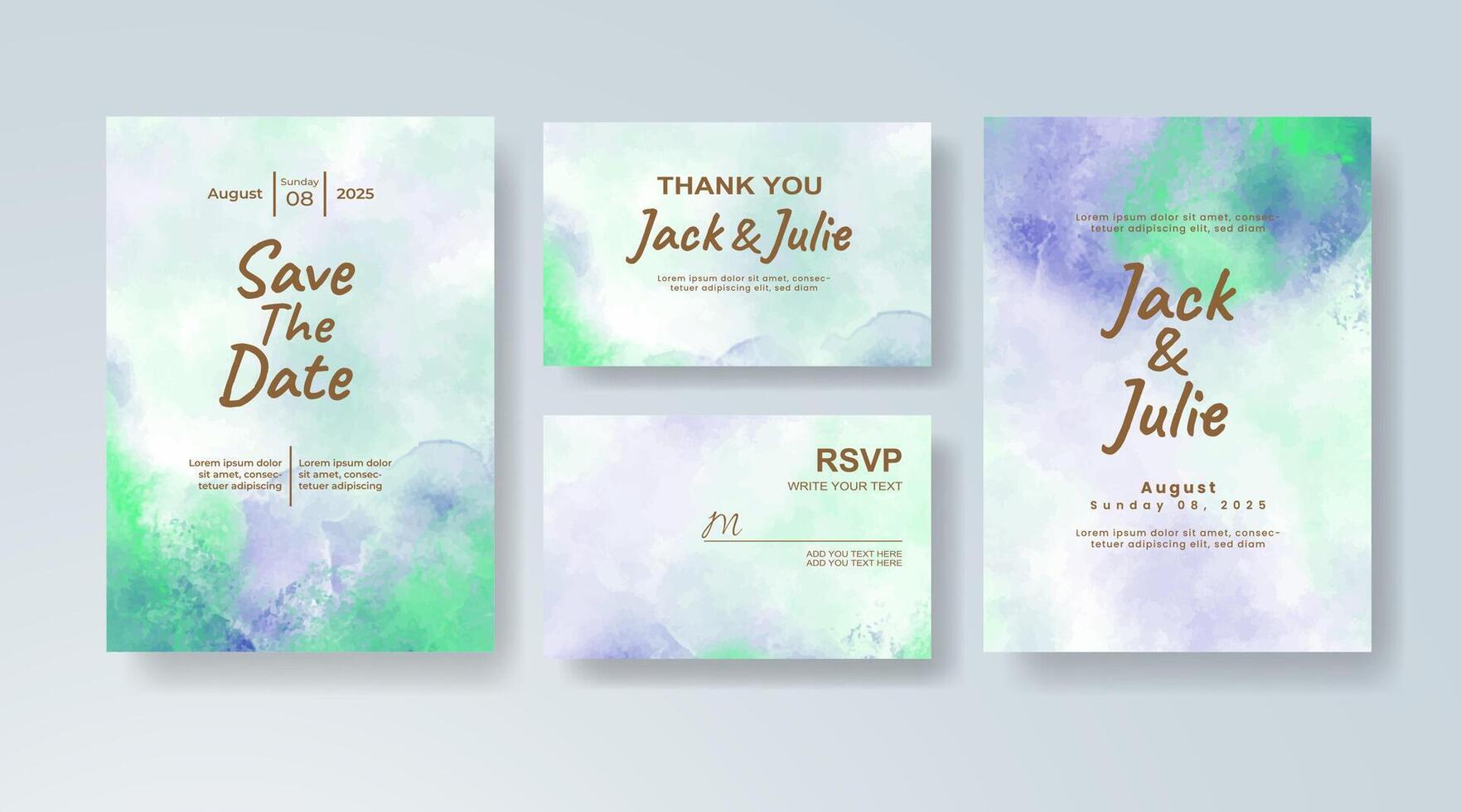 Rustic watercolor wedding invitation card in navy blue, featuring hand-painted illustrations against pastel tones. vector