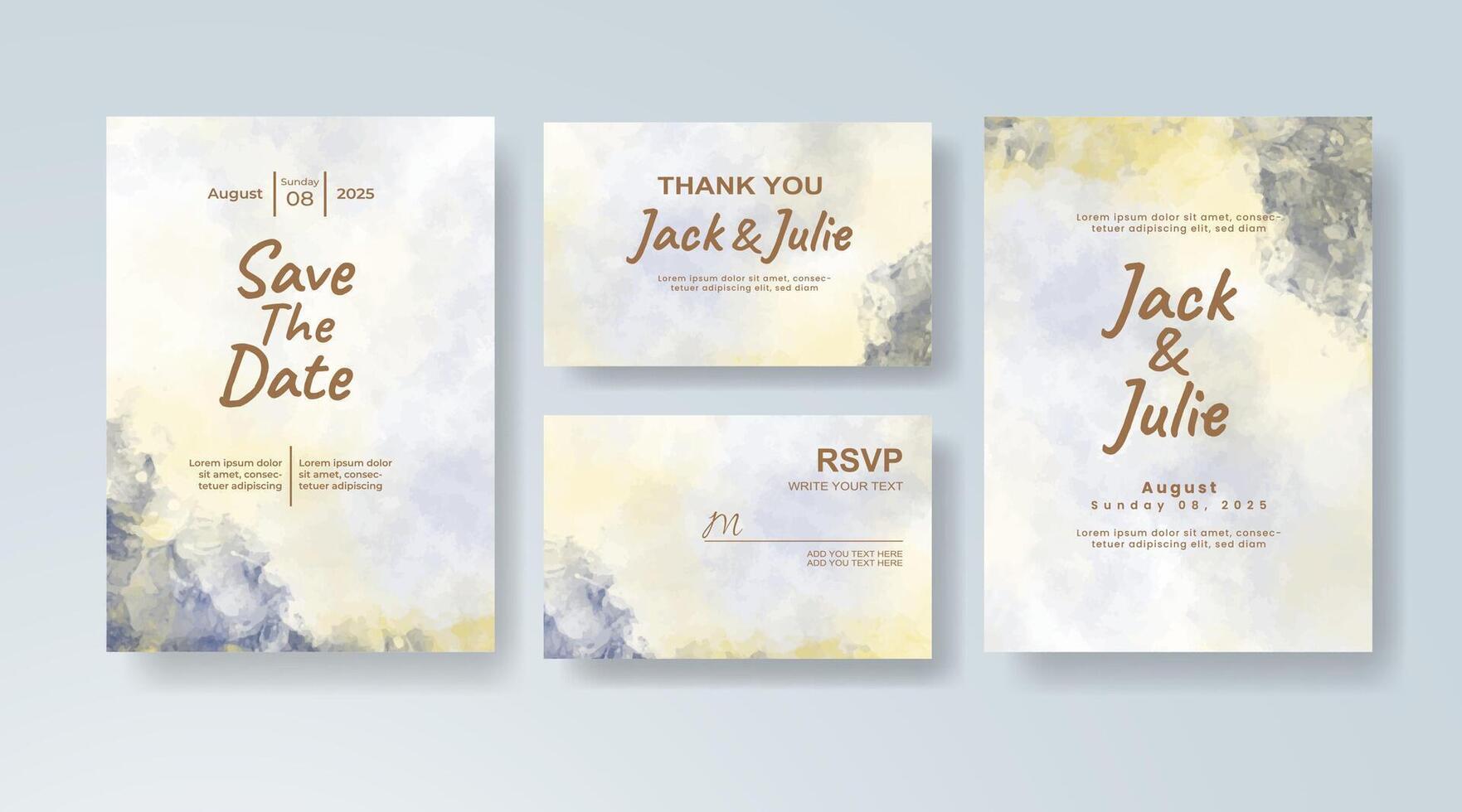 Modern watercolor wedding invitation card in golden yellow, featuring floral accents on a translucent overlay. vector