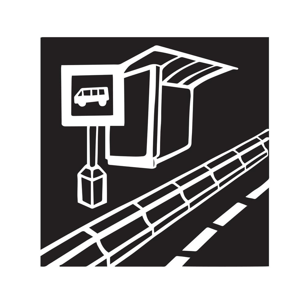 Bus stop with stone concrete elements monochrome vector