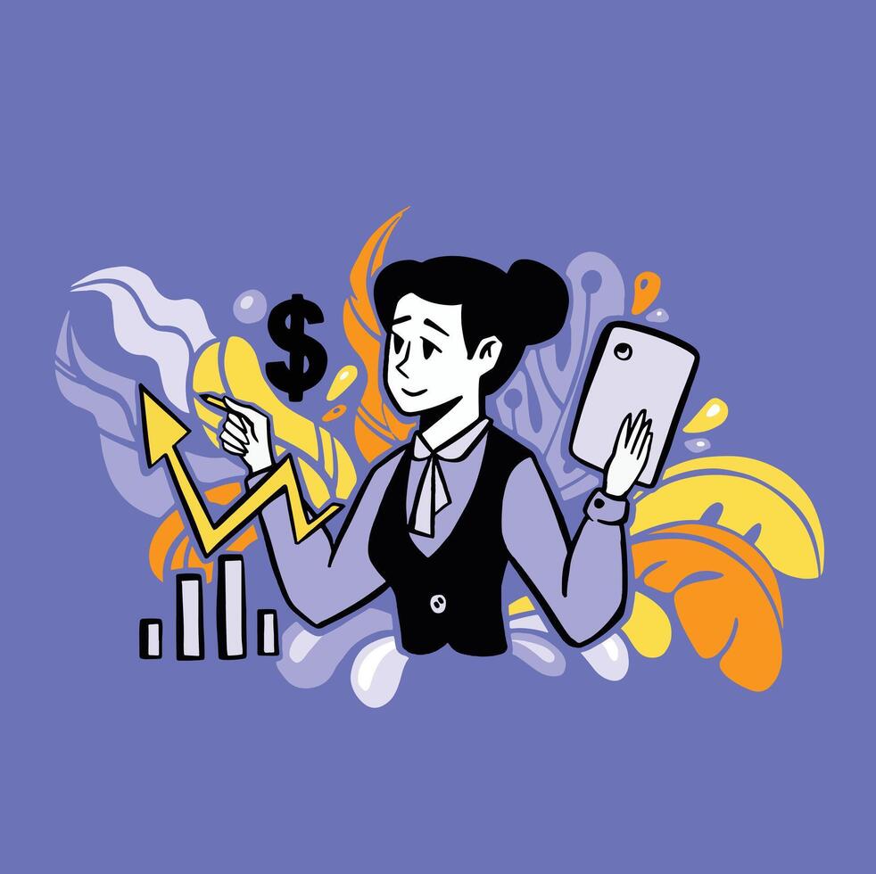 Woman with tablet plotting graphs statistics blooms Flat style vector