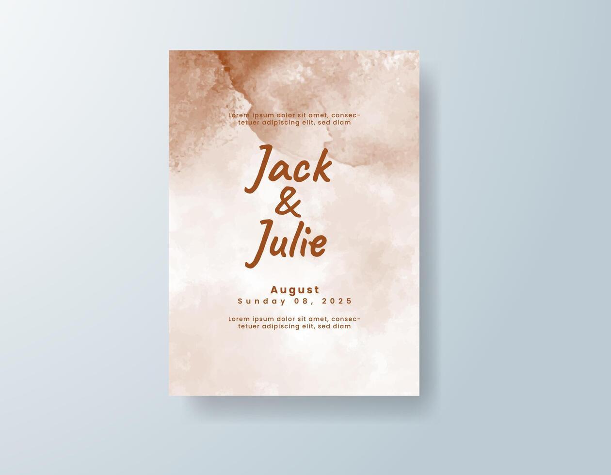 Boho watercolor wedding invitation card in coral, featuring soft splashes of color against a white canvas. vector