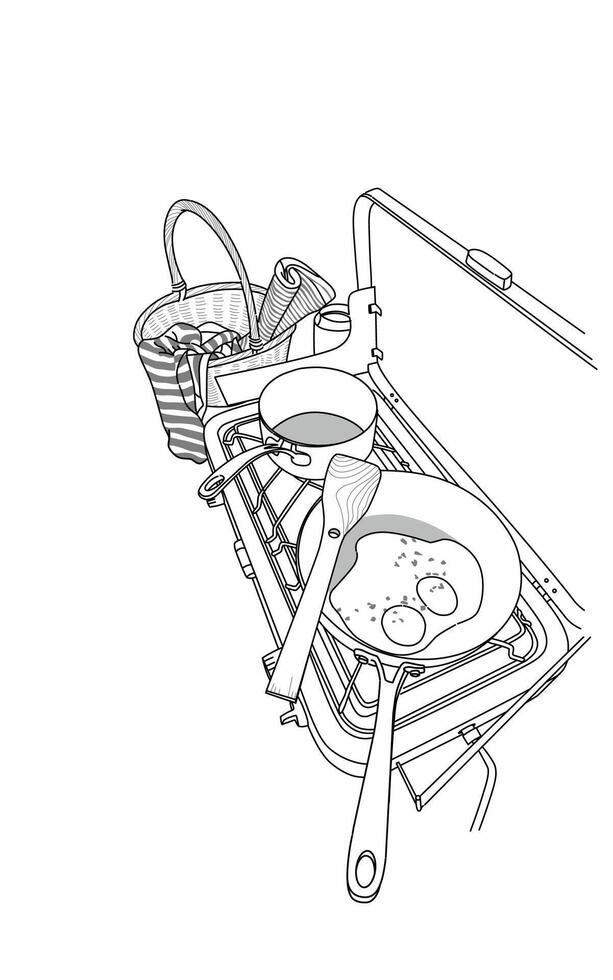Portable gas stove travel pan and fried egg drawing line art vector