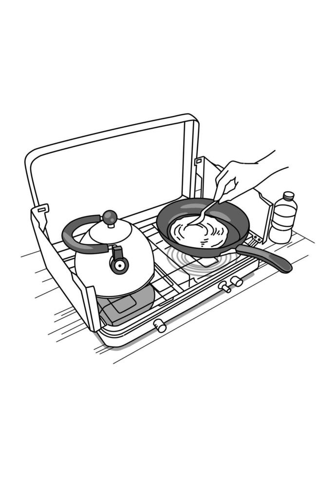 Cooking eggs and boiling water on a portable stove line art vector