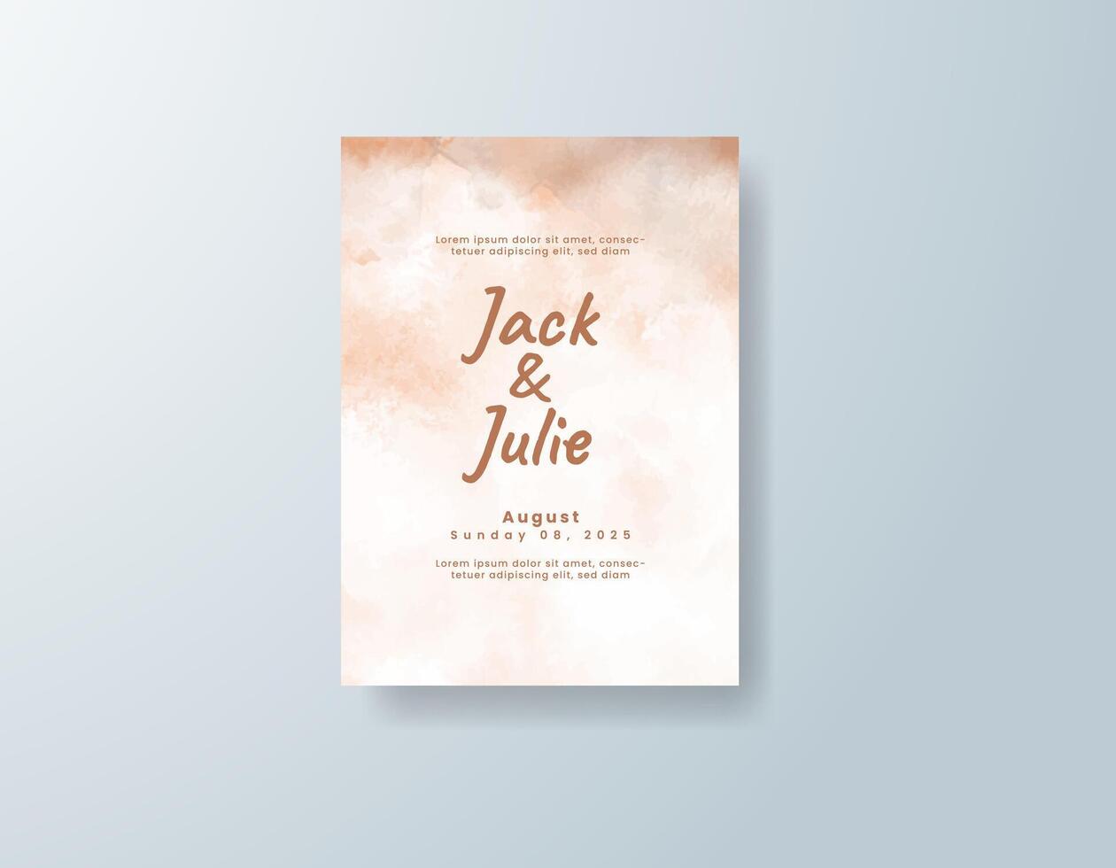 Artistic watercolor wedding invitation card in peach, featuring floral accents on textured paper. vector