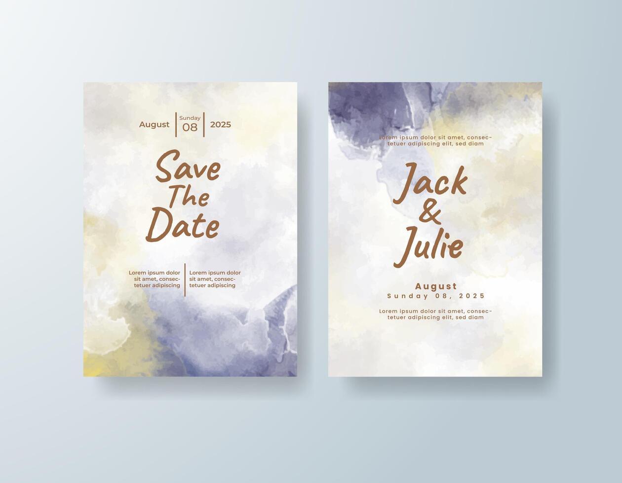 Rustic watercolor wedding invitation card in coral, featuring soft splashes of color set on handmade paper. vector