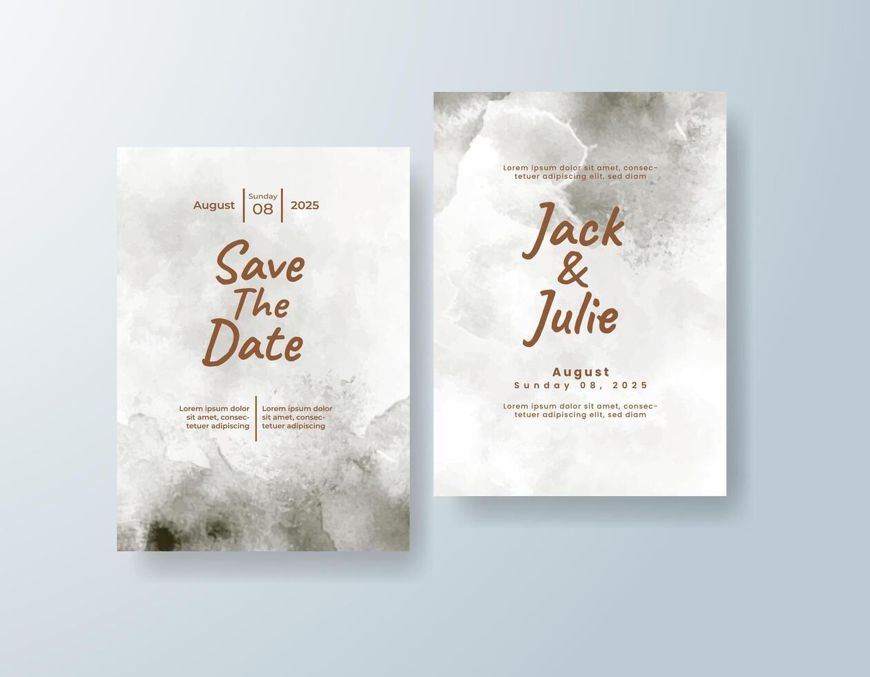 Minimalist watercolor wedding invitation card in sky blue, featuring gold foil touches featuring hand-blended hues. vector
