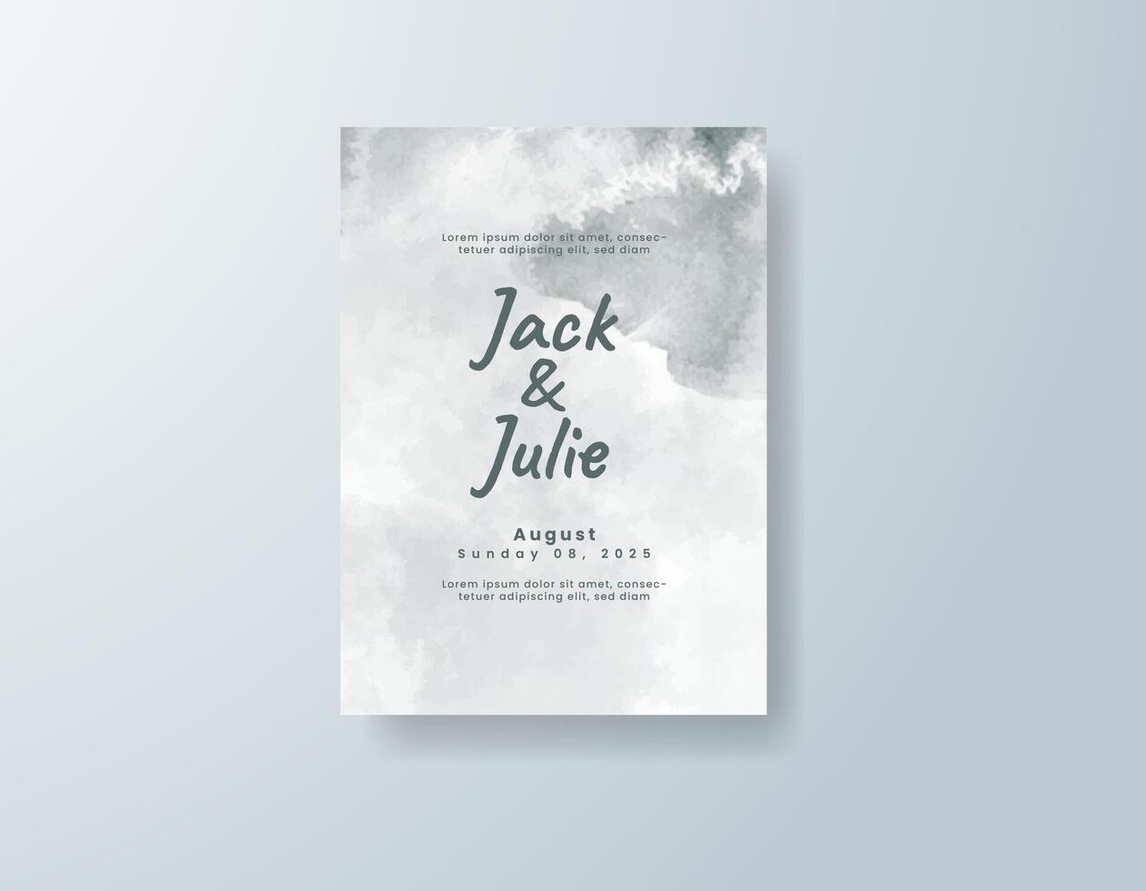 Minimalist watercolor wedding invitation card in sage green, featuring subtle gradients against a white canvas. vector