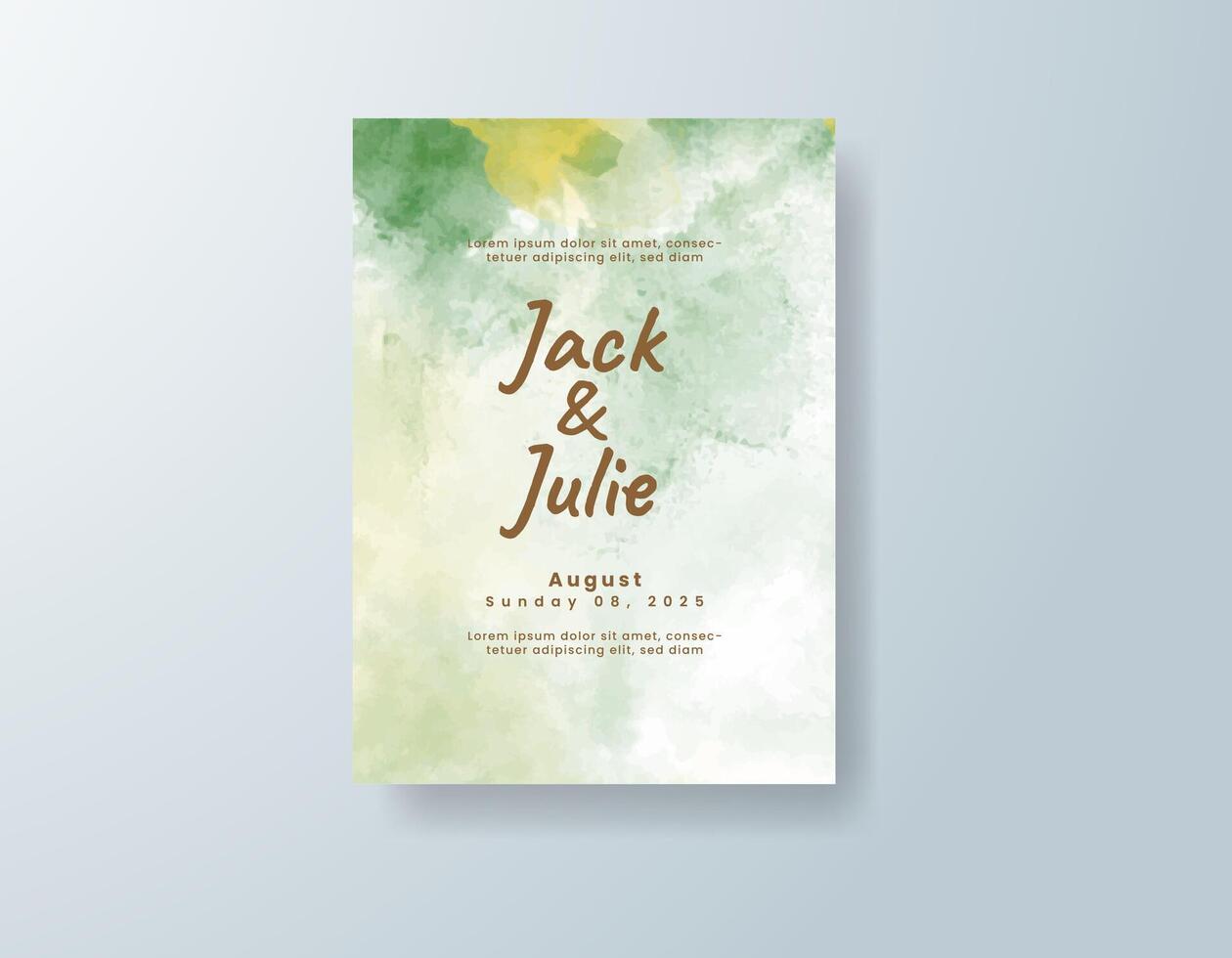 Romantic watercolor wedding invitation card in sky blue, featuring soft splashes of color on a translucent overlay. vector
