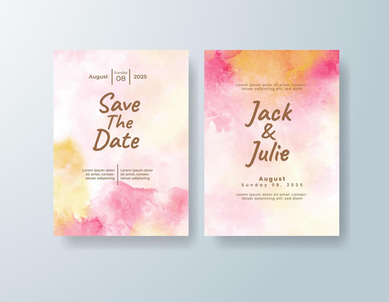 Rustic watercolor wedding invitation card in coral, featuring floral accents set on handmade paper. vector