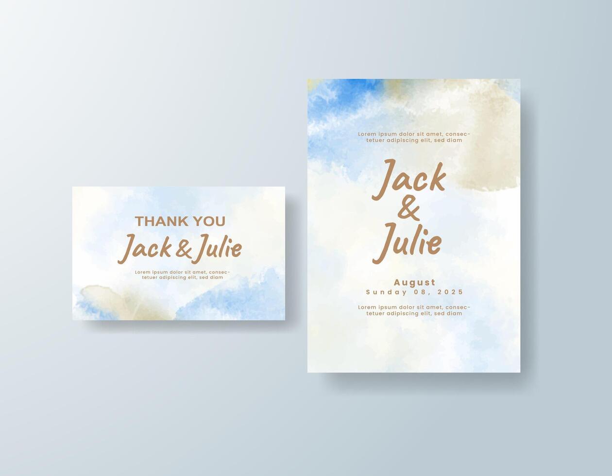 Whimsical watercolor wedding invitation card in sky blue, featuring gold foil touches against pastel tones. vector