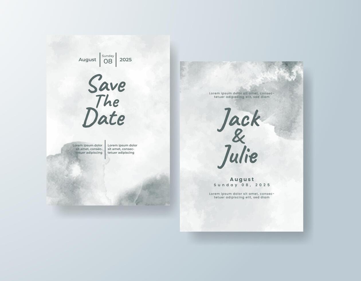 Classic watercolor wedding invitation card in sage green, featuring subtle gradients with abstract layers vector
