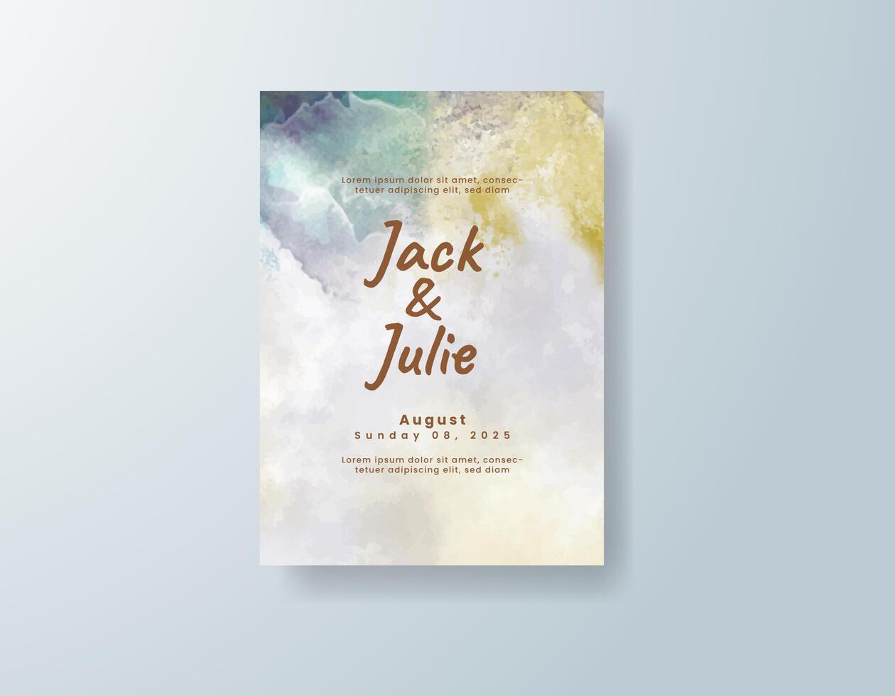 Classic watercolor wedding invitation card in peach, featuring gold foil touches featuring hand-blended hues. vector