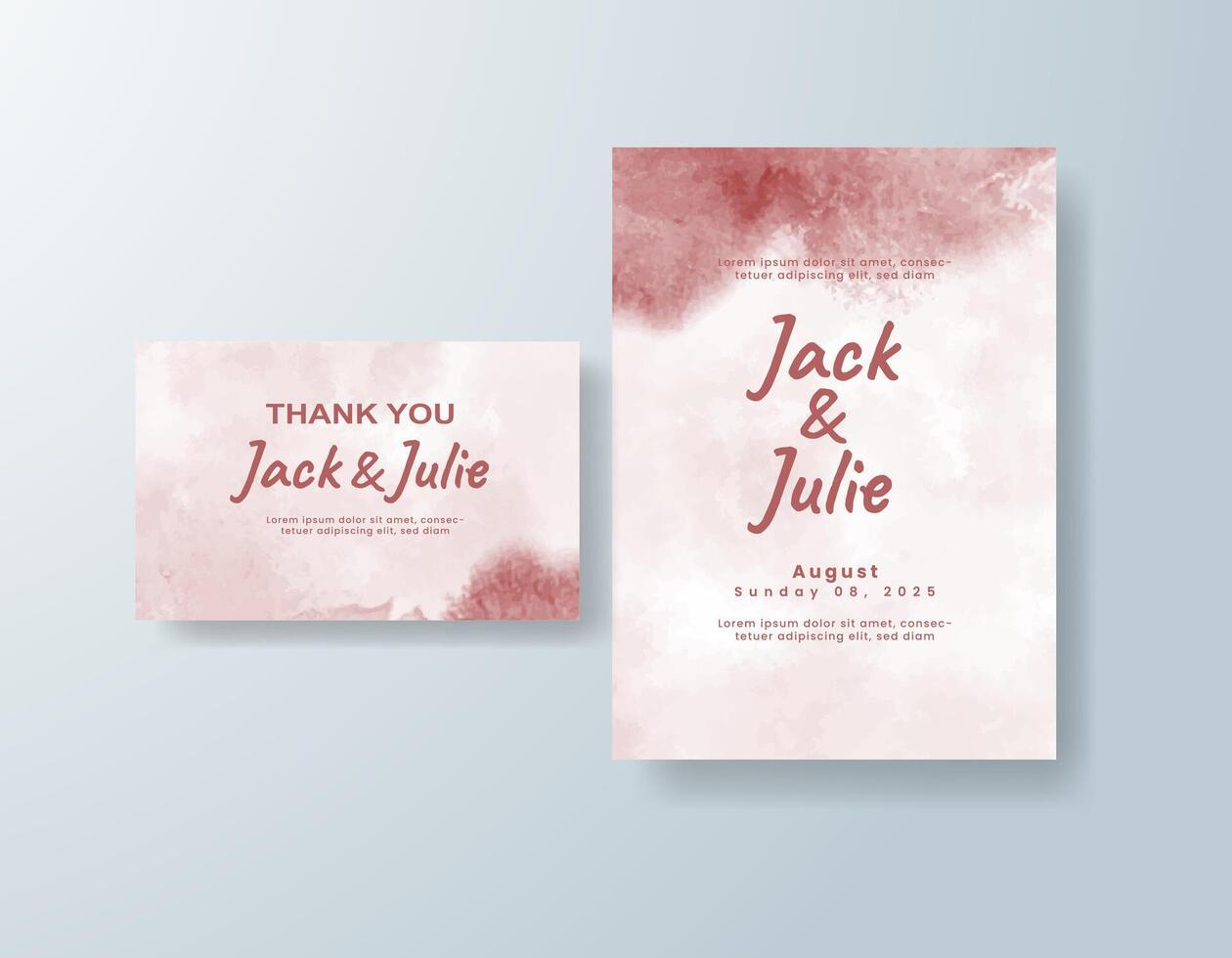 Rustic watercolor wedding invitation card in dusty rose, featuring gold foil touches against a white canvas. vector