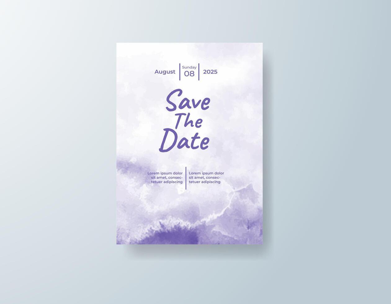 Boho watercolor wedding invitation card in lavender, featuring soft splashes of color framed by elegant borders. vector