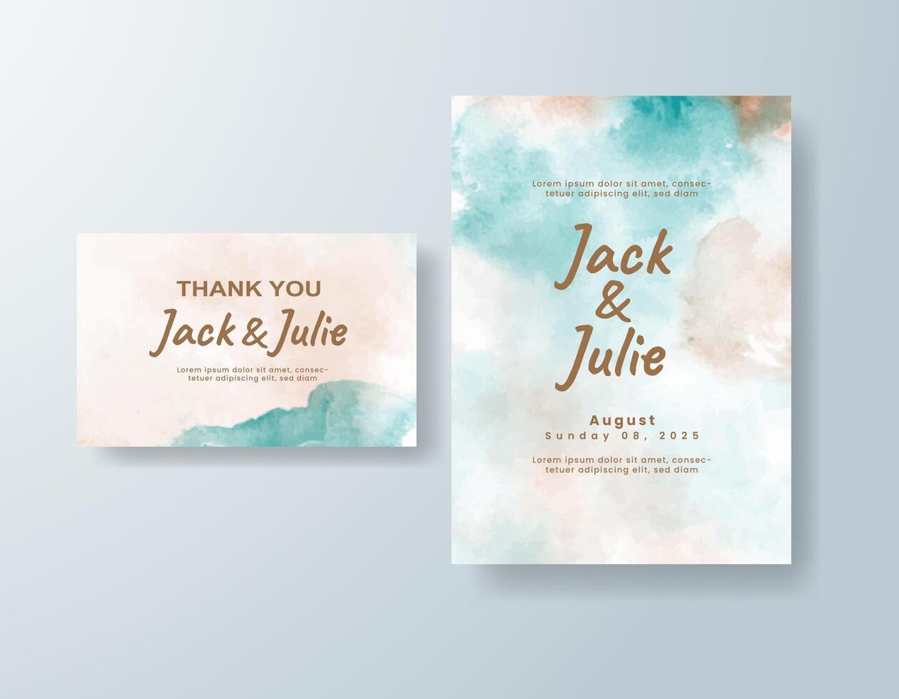 Whimsical watercolor wedding invitation card in lavender, featuring gold foil touches framed by elegant borders. vector
