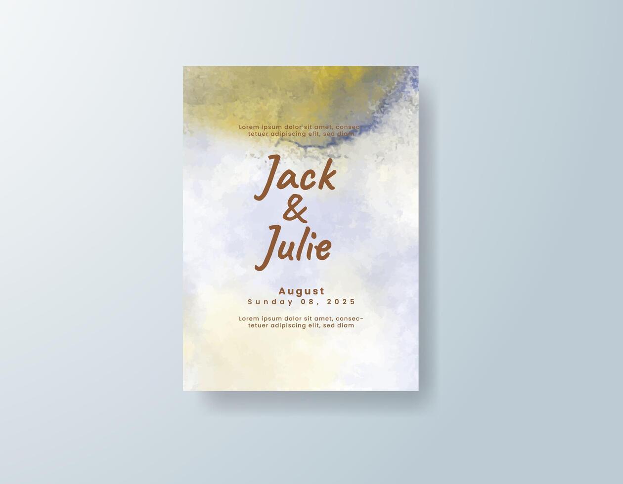 Modern watercolor wedding invitation card in sky blue, featuring geometric shapes against a white canvas. vector