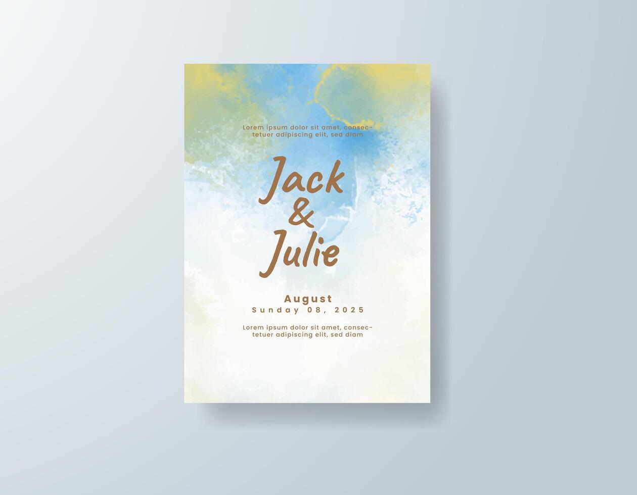 Whimsical watercolor wedding invitation card in navy blue, featuring geometric shapes against a white canvas. vector