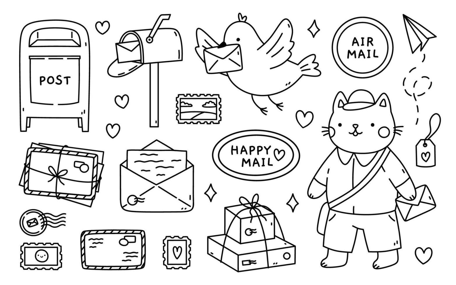 Cute postal set with mail boxes, stacks of letters, stamps, parcels, a carrier pigeon, and a postman. hand-drawn illustration in doodle style. Perfect for decorations, logo, various designs. vector