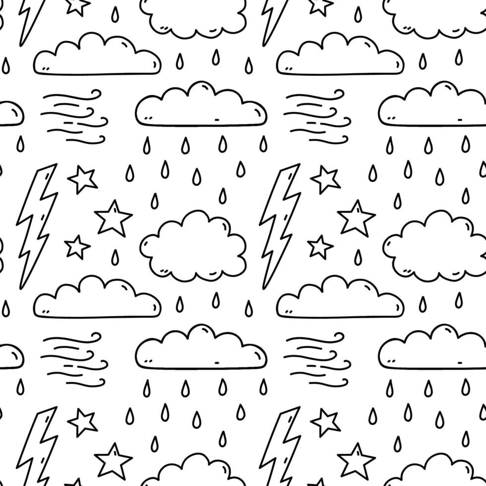 Cute seamless pattern with weather elements - clouds, rain, wind, lightning, stars. hand-drawn doodle illustration. Perfect for print, wallpaper, decorations. vector