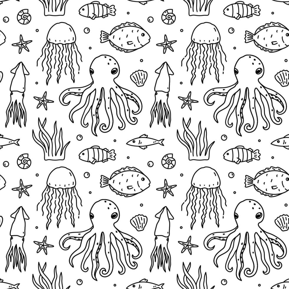 Cute seamless pattern with sea creatures - octopus, jellyfish, squid, fish, shells, algae and starfish. hand-drawn doodle illustration. Perfect for print, wallpaper, decorations. vector