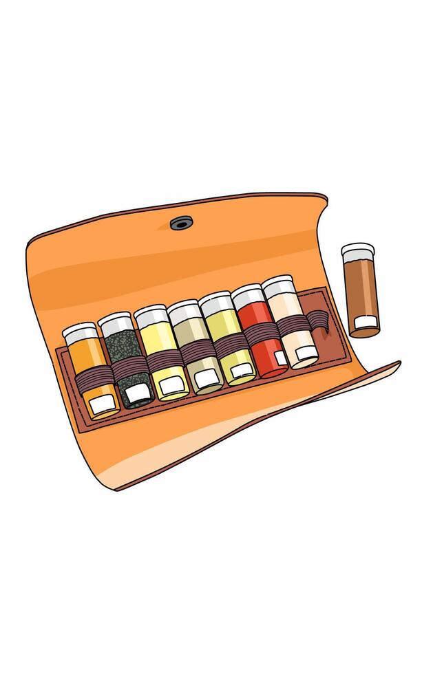 Colorful spice jars in a container vector