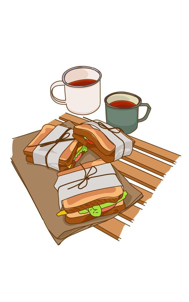 Sandwiches and cups of tea on table vector