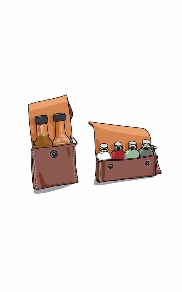 Leather pouch with small bottles vector