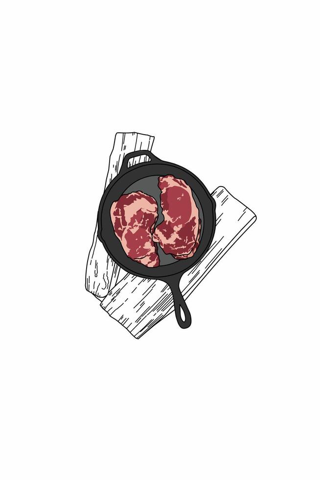 Two steaks in cast iron skillet vector