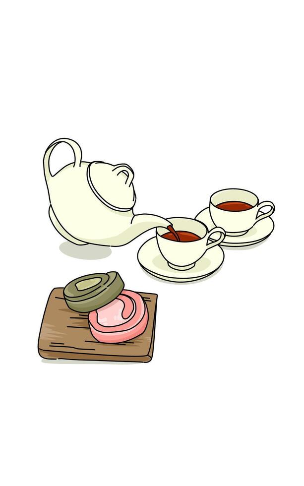 Teapot and cups with treats vector