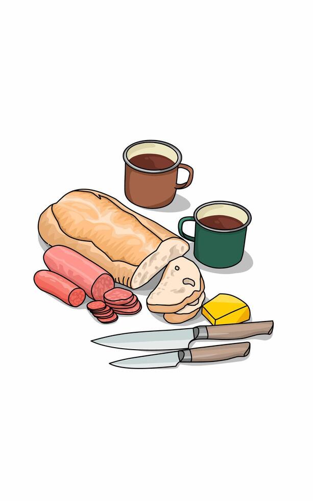 Travel Breakfast Bread sausage chesse and tea in a cup on white background vector