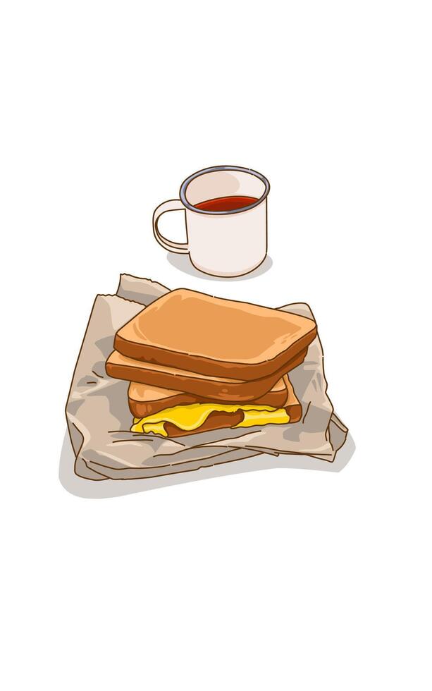 Delicious egg sandwiches on paper and tea in a mug on white background vector