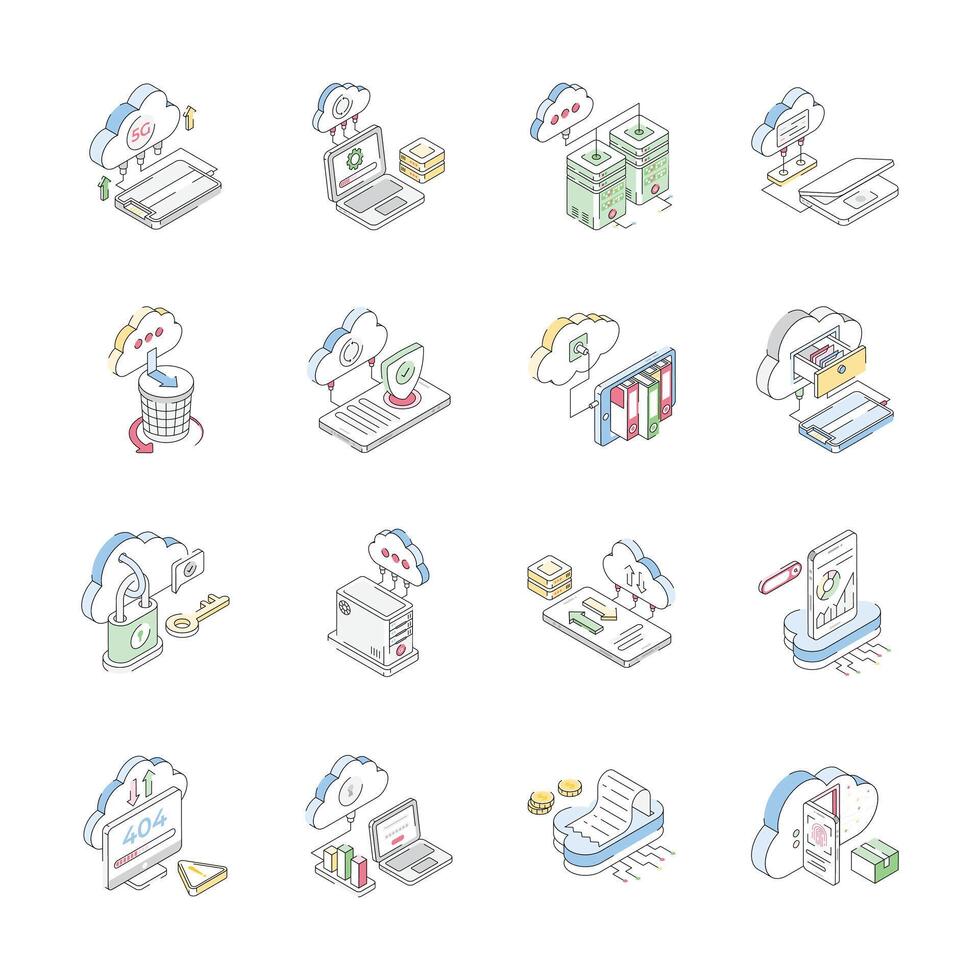 Grab handy set of cloud storage isometric icons, easy to use designs vector