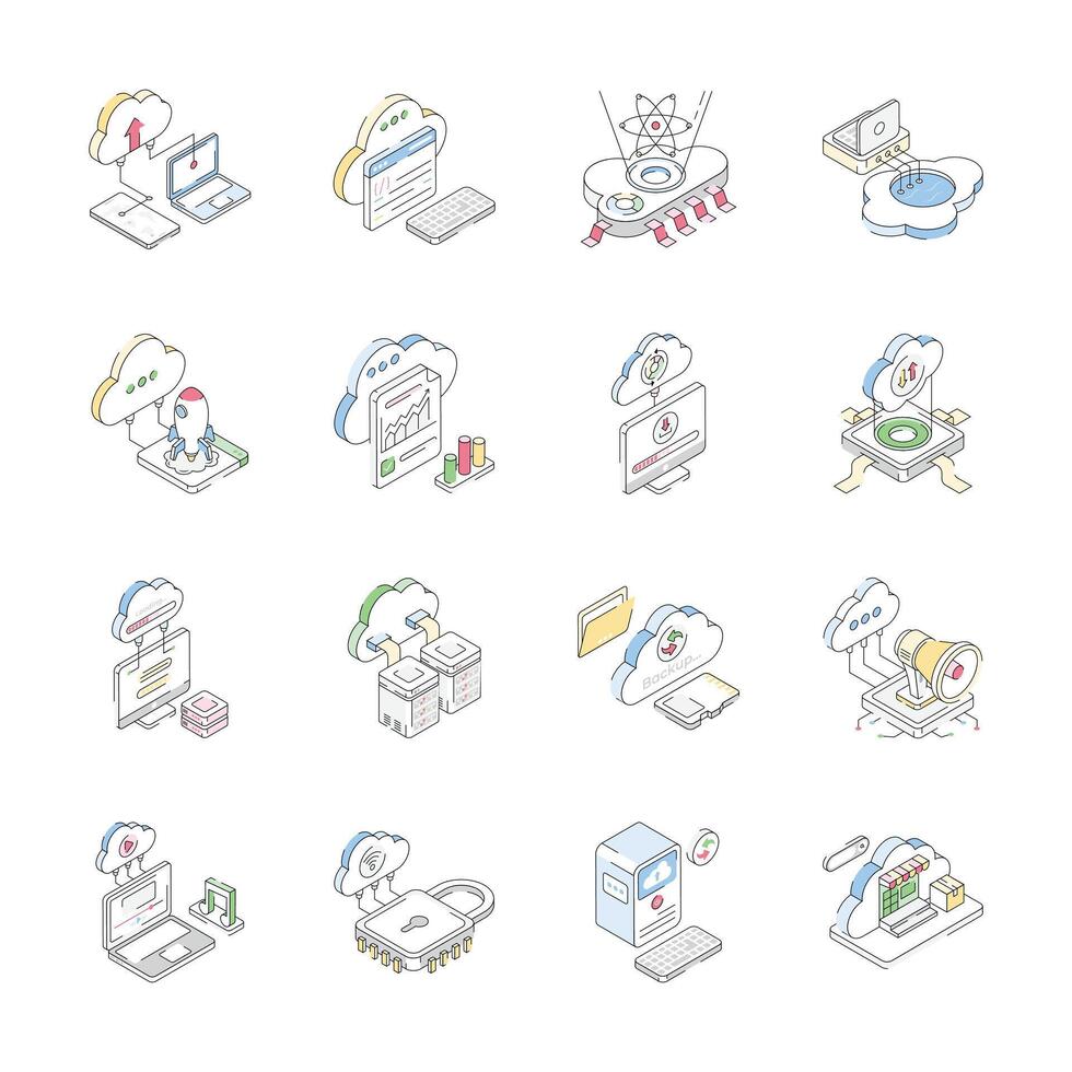 Get this modern collection of cloud technology isometric icons vector
