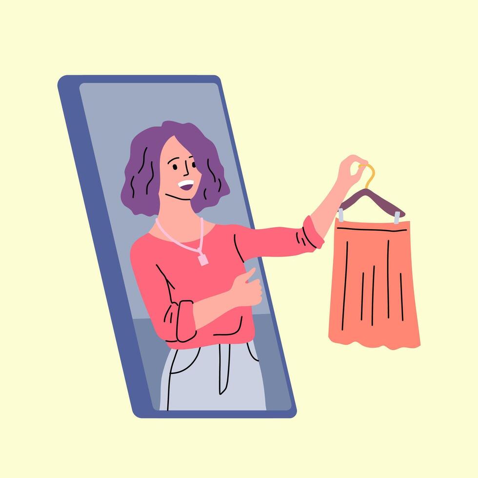 Cartoon Color Character Woman Personal Stylist Online Concept. vector