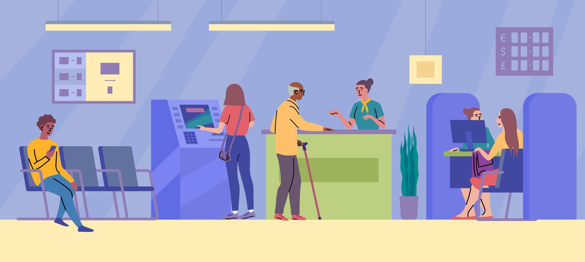 Bank interior with customers and staff vector