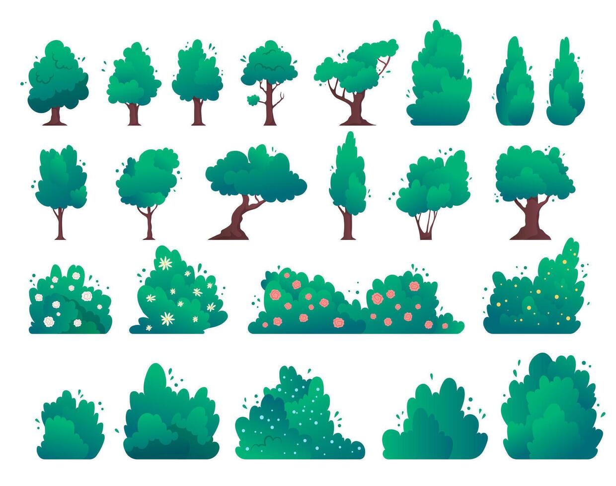 Colorful trees and bushes illustrations vector