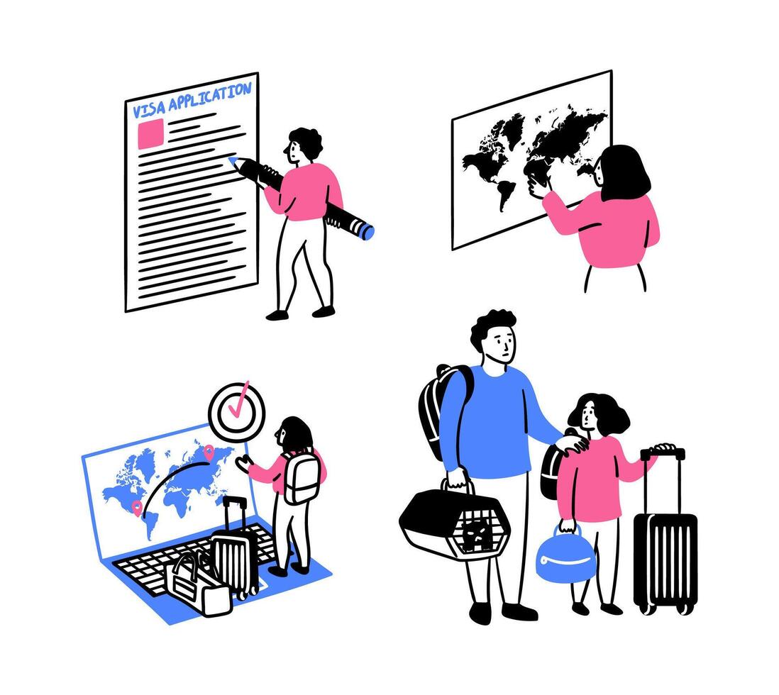 Cartoon Color Migration Concept Forced Journeys Scenes Set. vector