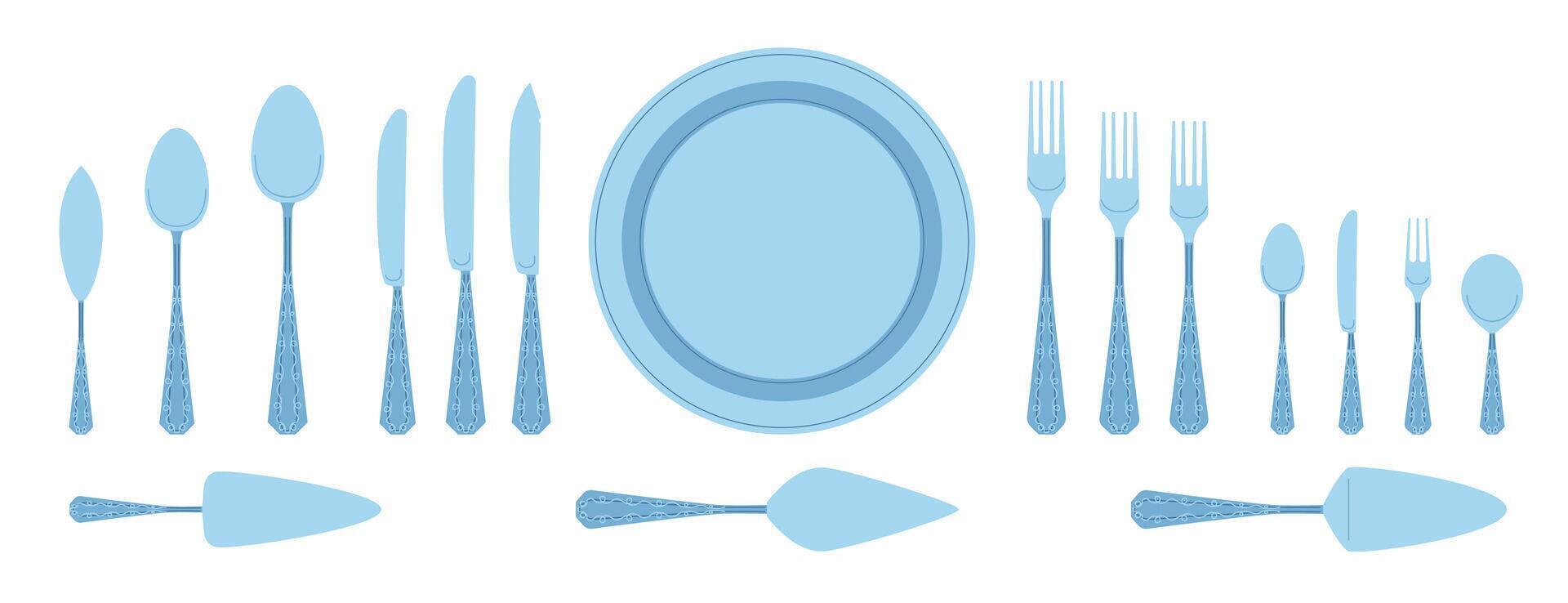 Cartoon Color Different Fancy Silver Cutlery Set. vector