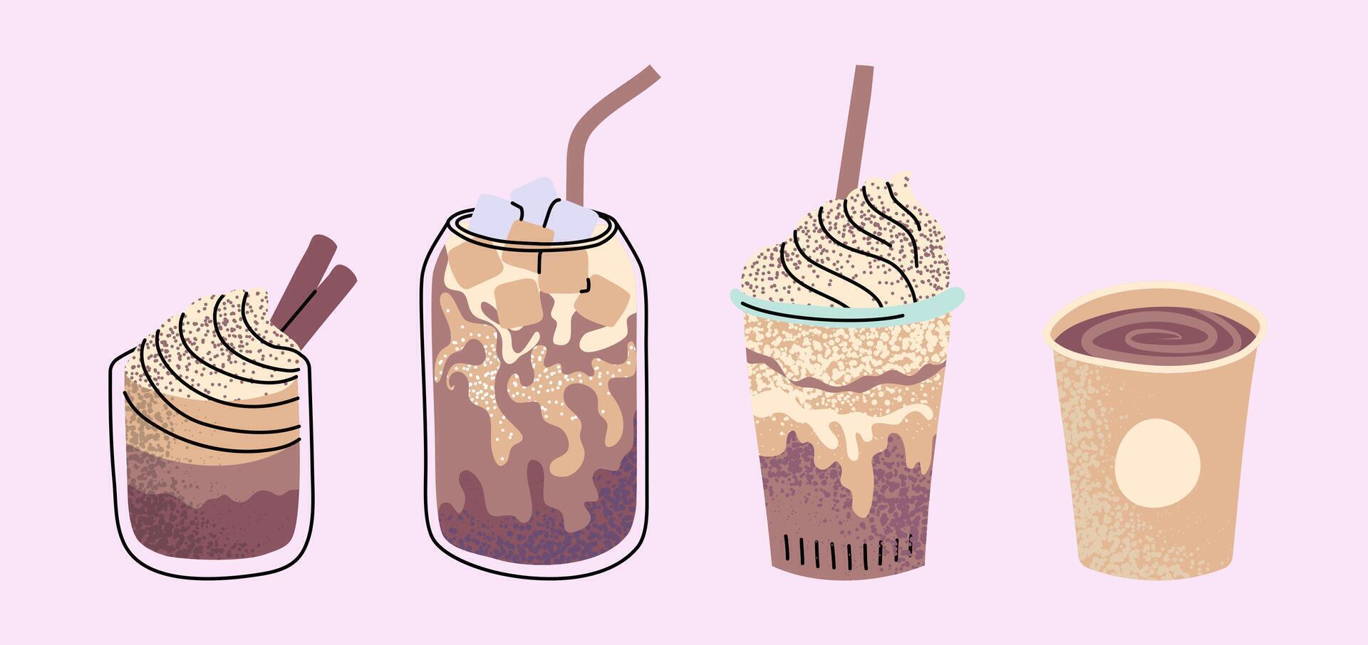 Cartoon Color Different Hot and Iced Coffee Beverage Set with Line Art Elements. vector