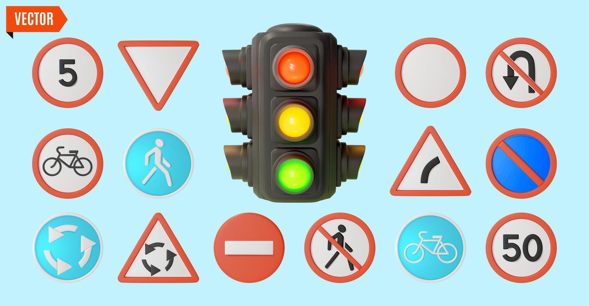 3d Rules Concept Traffic Light and Different Road Signs Cartoon Design Style. vector