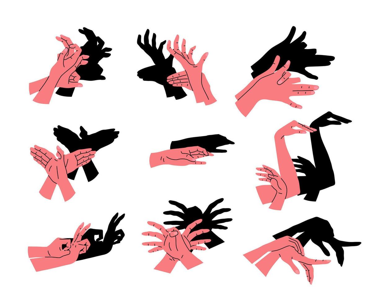 Cartoon Color Different Hand Shadow Puppets Set. vector
